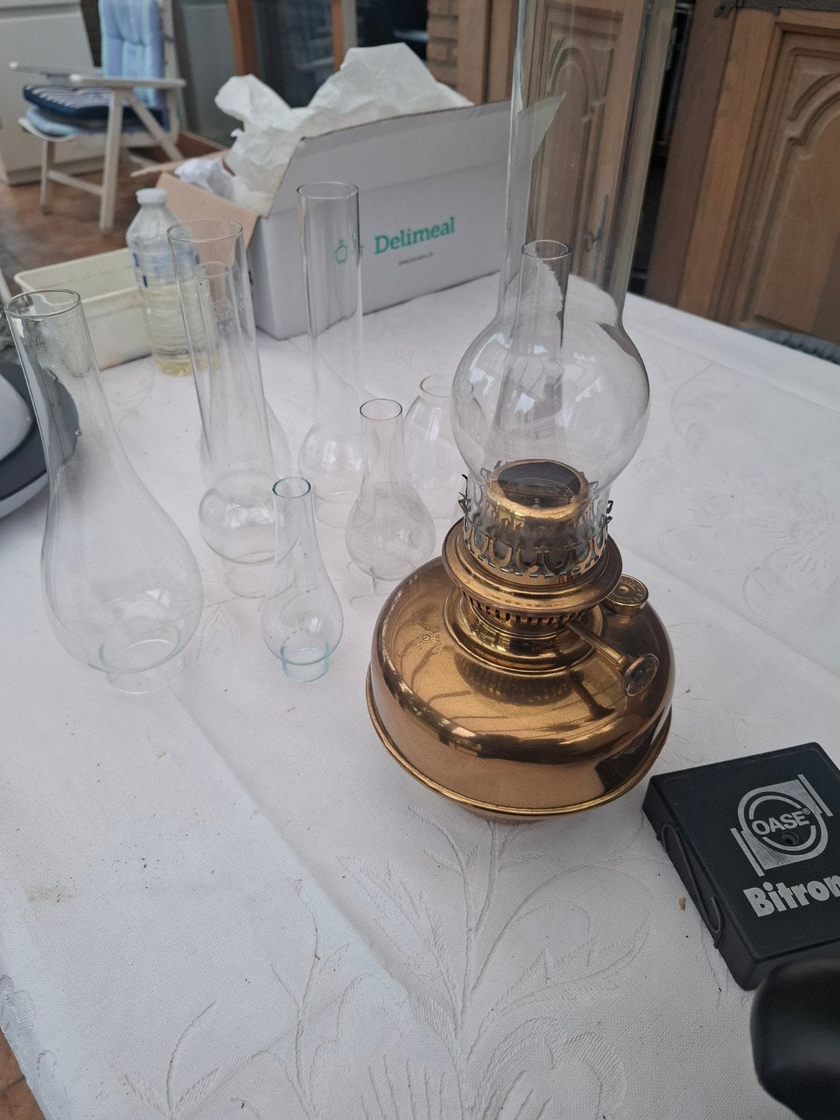 9 glazen lampe Belge en 1 onderstel, Huis en Inrichting, Woonaccessoires | Stolpen, Glas, Ophalen, Zo goed als nieuw