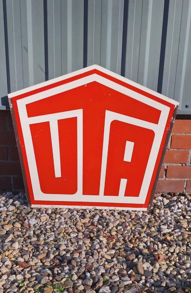 Vintage dubbelzijdig UTA reclamebord, is geen emaille., Ophalen, Gebruikt, Reclamebord