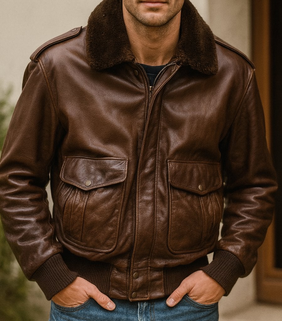 VINTAGE LEREN BOMBERJACK VOOR DE ZOMER EN WINTER, Ophalen of Verzenden, Zo goed als nieuw, Maat 48/50 (M), Bruin