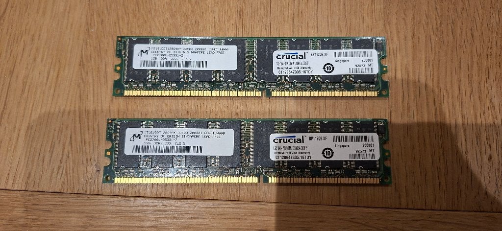 2x 1Gb DDR-333MHz PC2700Crucial CT12864Z335.16TDY, Informatique & Logiciels, Mémoire RAM, DDR, Enlèvement, Utilisé, Desktop