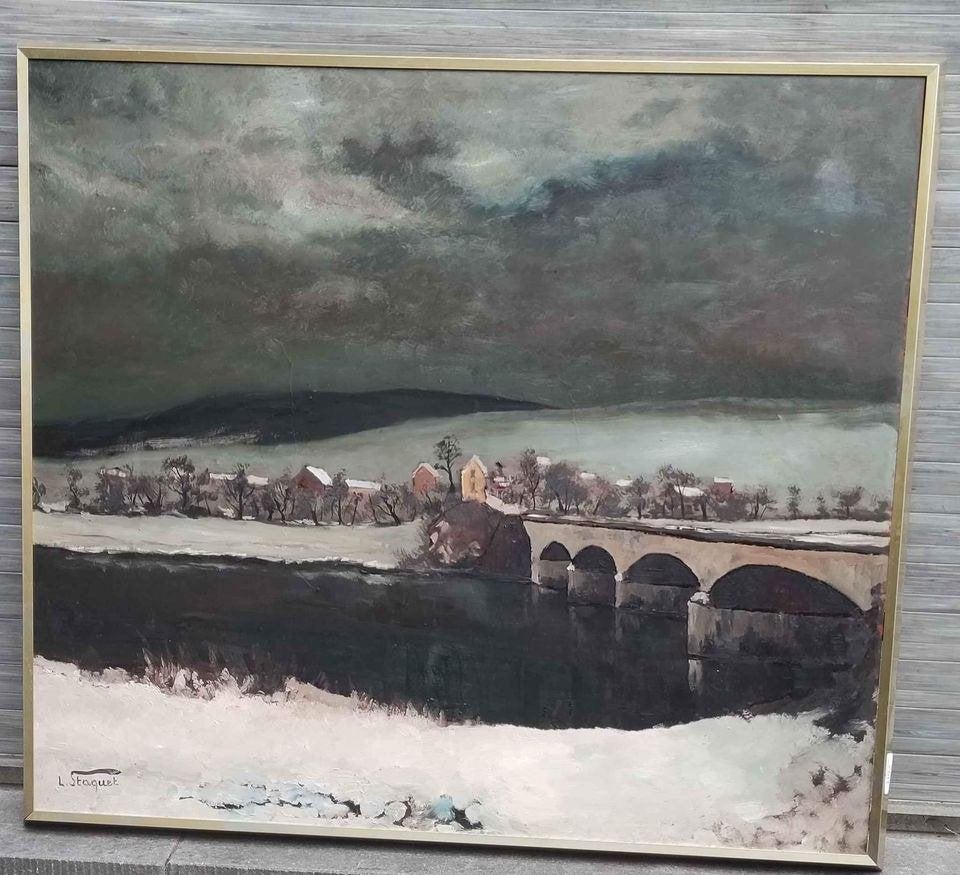 huile sur panneau village enneigé signe lucien staquet, Antiquités & Art, Enlèvement, Panneau