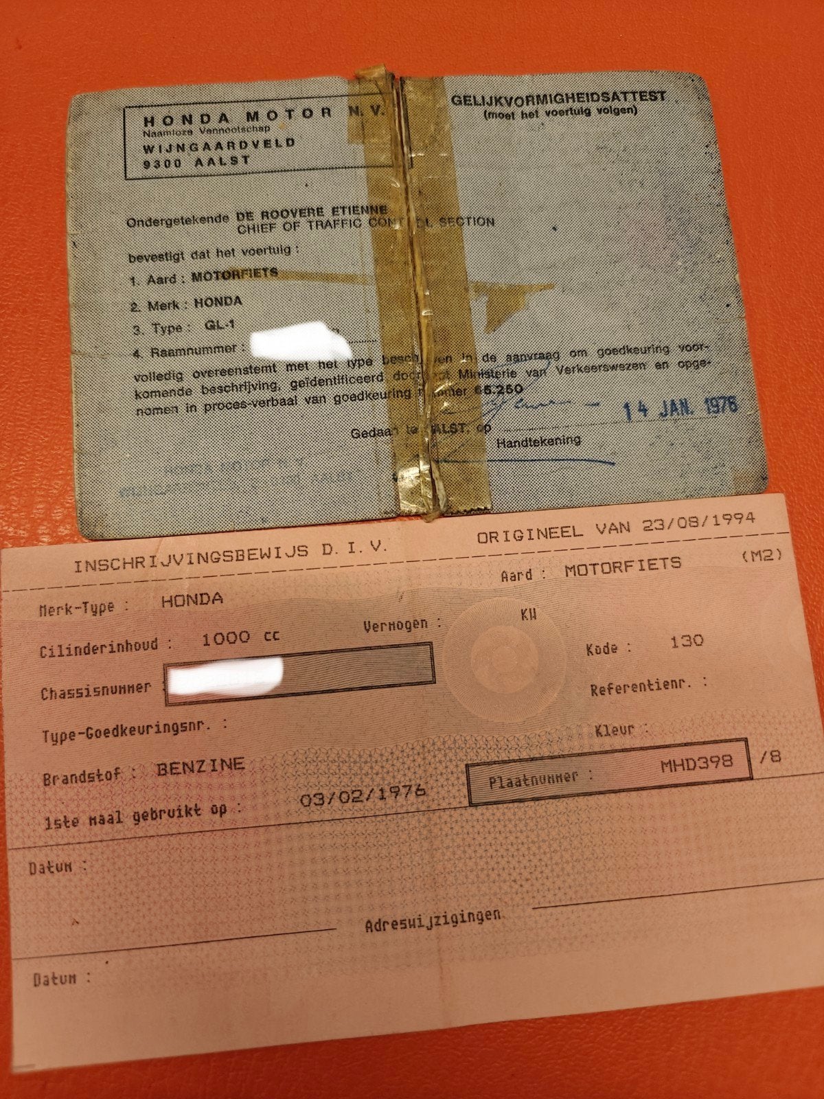 Belgische papieren (2x) Honda GL1000 Goldwing, Motos, Enlèvement ou Envoi