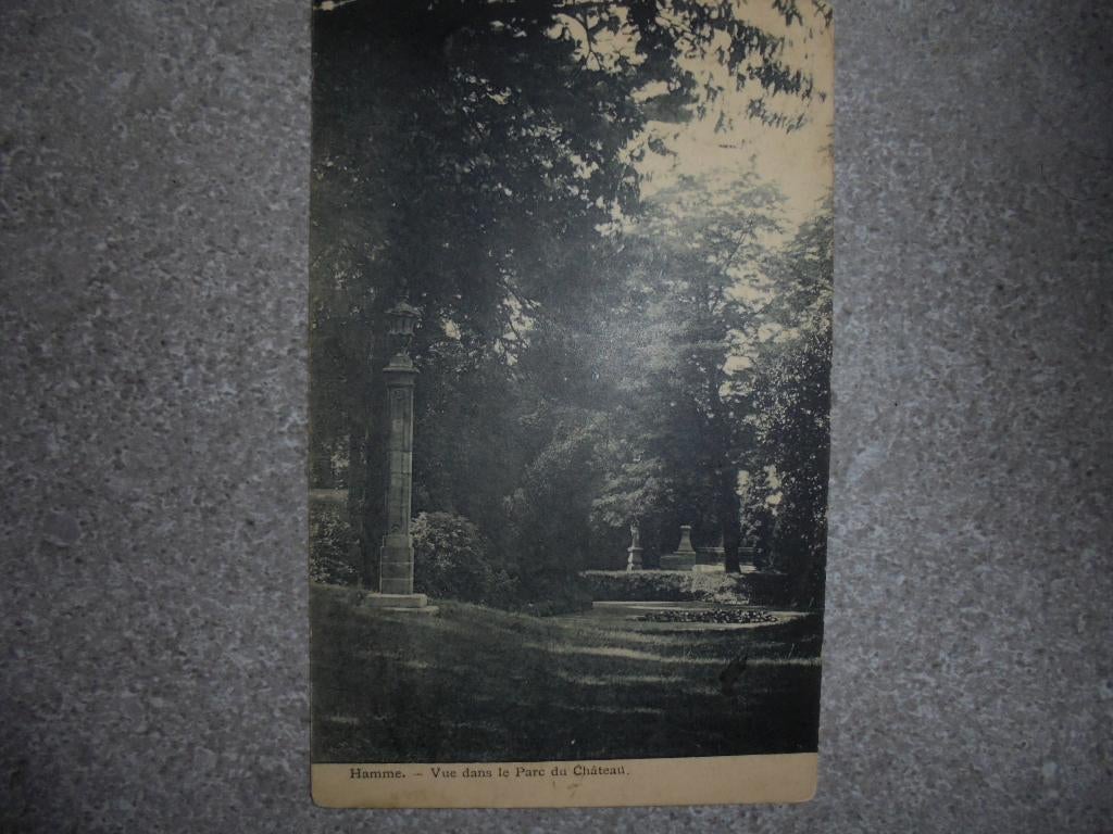 Beschreven oude postkaart Hamme Vue dans le Parc du Chateau, Verzenden