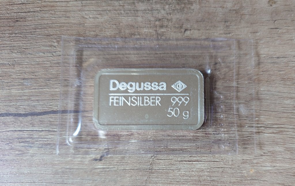 50 Gram Degussa Silver Baar, Postzegels en Munten, Edelmetalen en Baren, Zilver, Verzenden