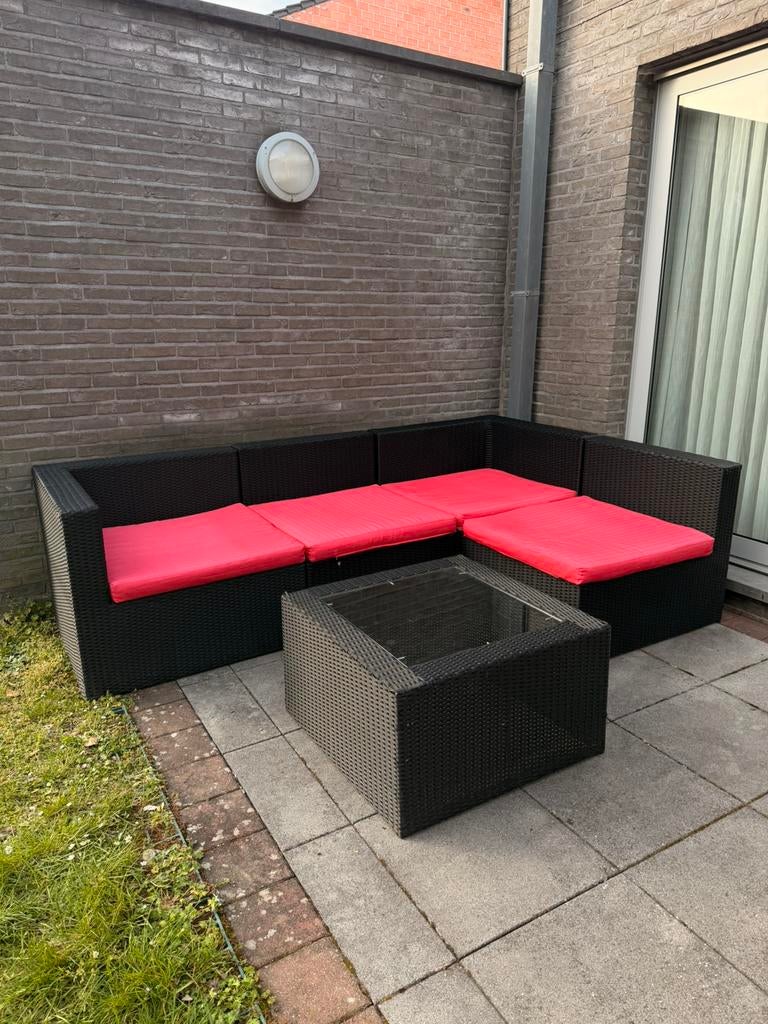 Terrasset, 4-delig + 4 kussens en glazen tafel, Ophalen, Zo goed als nieuw