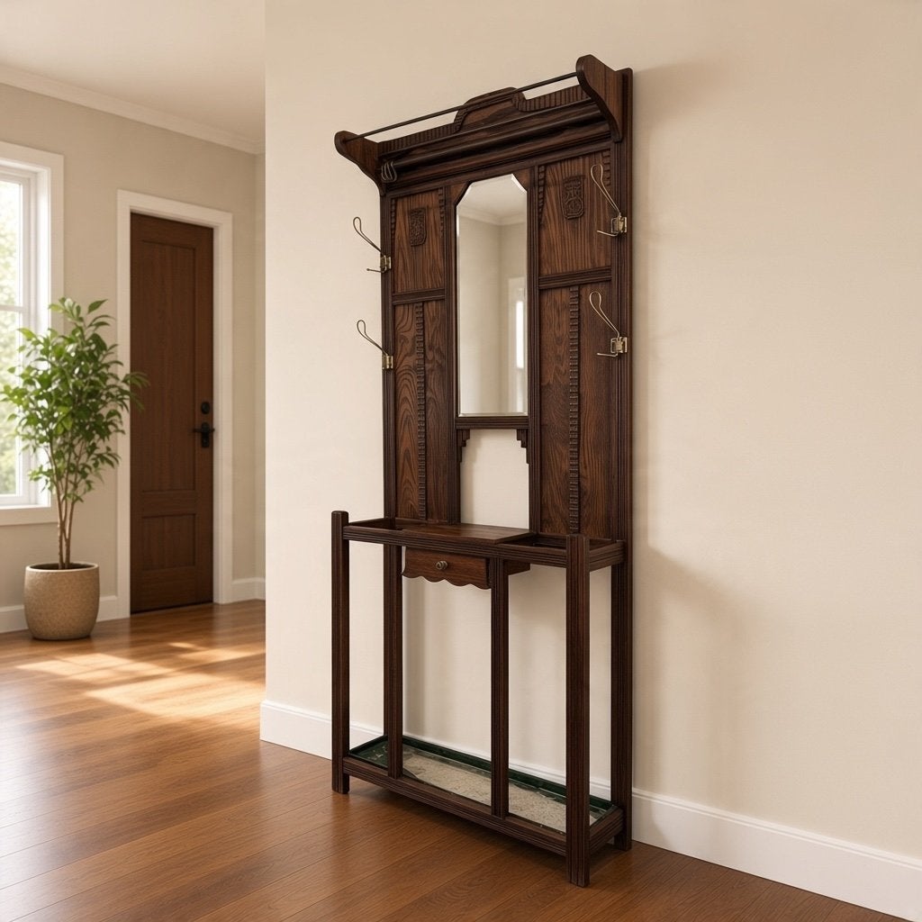 Porte-manteau sur pied vintage en bois avec miroir, Enlèvement ou Envoi