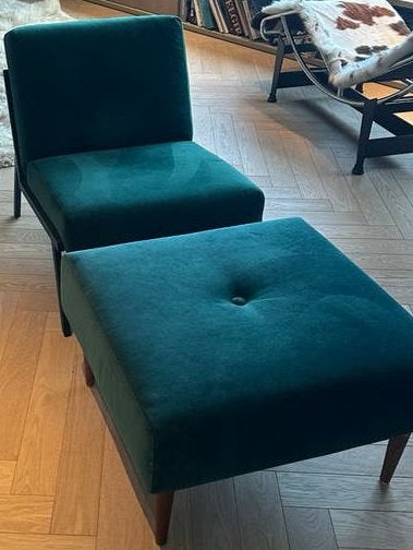 Fauteuil met voetbankje - Design design - biljartgroen, Huis en Inrichting, Ophalen, Eenpersoons, Minder dan 75 cm, Design - kan ook in vintage interieur of werelddecor
