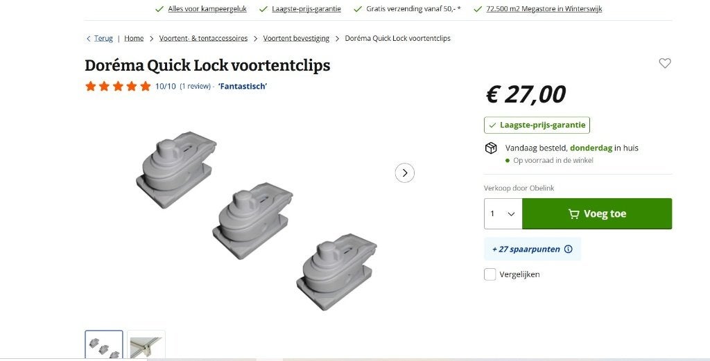 Pinces à auvent Doréma Quick Lock - Universelles - NEUVES, Enlèvement ou Envoi, Neuf, Dorema