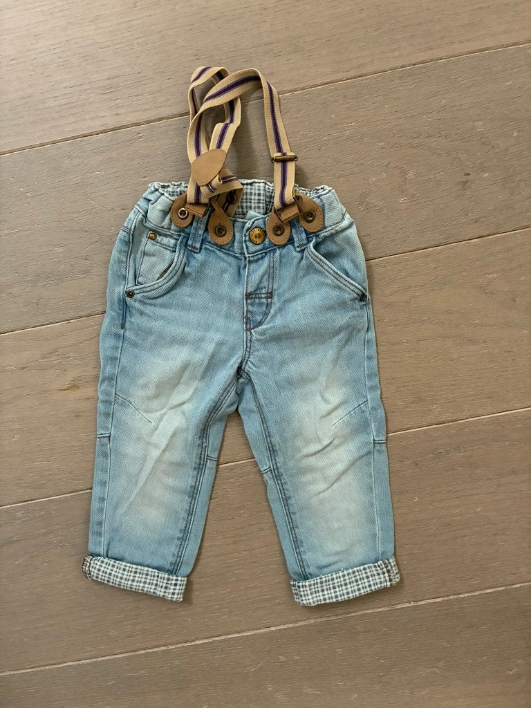 Blauw Jeans broekje met bretellen H&M (Maat 80 / 9-12 maand), Kinderen en Baby's, Broekje, H&M, Ophalen of Verzenden, Zo goed als nieuw