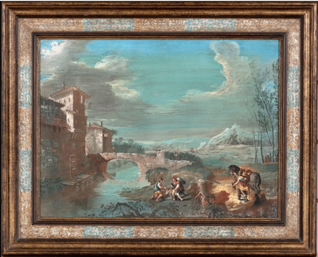 Antiek schilderij op op gedoubleerd doek, Peinture à l'huile, Paysage, Enlèvement, Toile