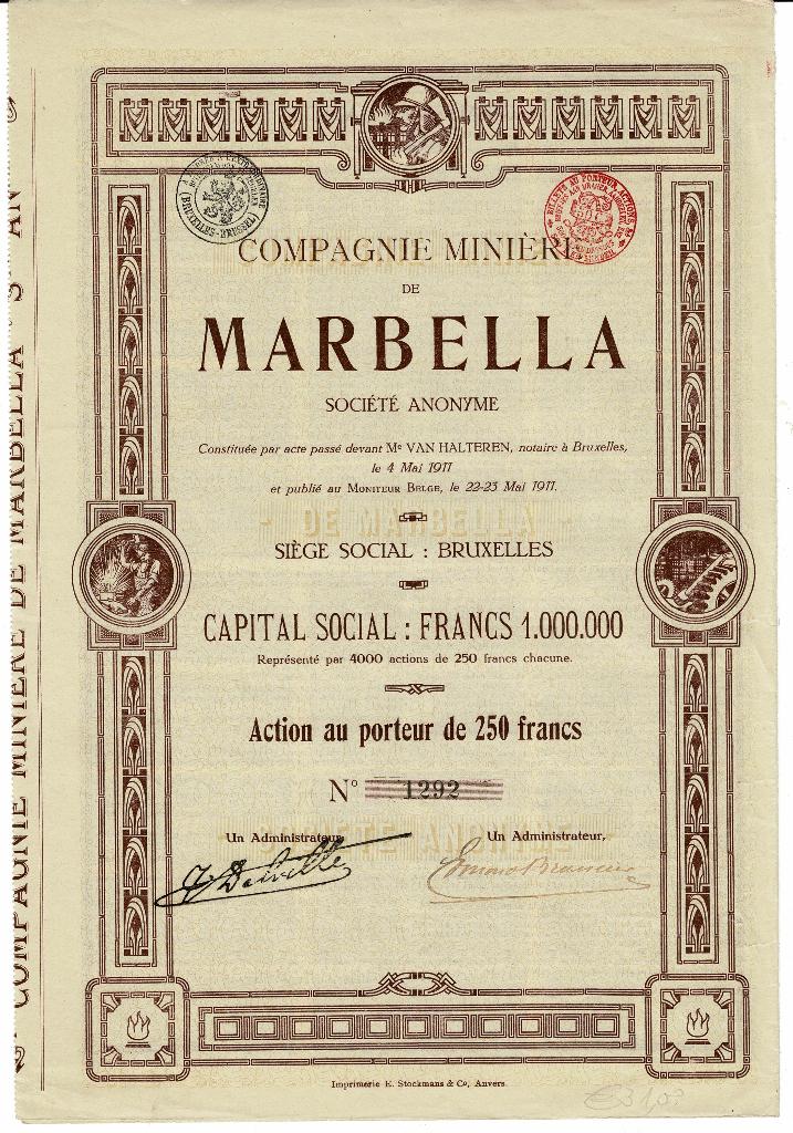 Minière Marbella - Bruxelles 1911 - Action de 250 francs, Timbres & Monnaies, Actions & Titres, Envoi, Avant 1920, Action