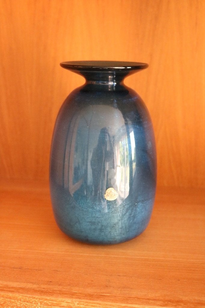 blauwe vaas - vintage, 21 cm, Handgemaakt, Blauw, Ophalen of Verzenden