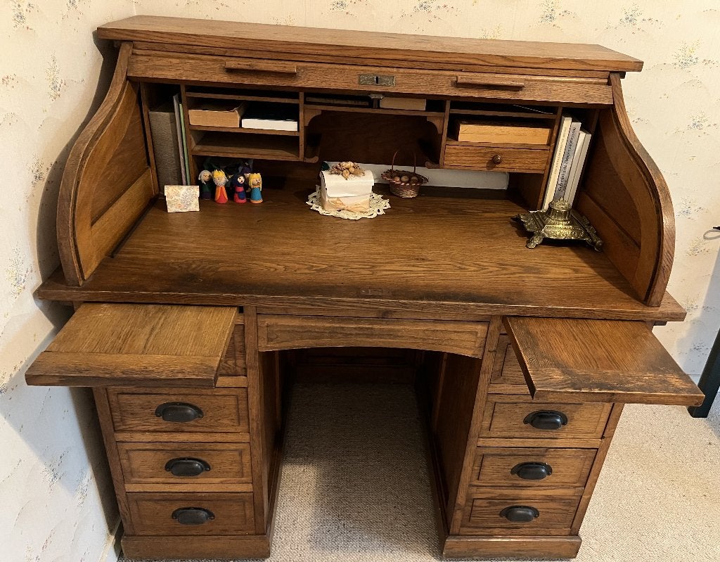 Antieke eikenhouten bureau: rolluik, schrijfbladen, schuiven, Antiek en Kunst, Ophalen