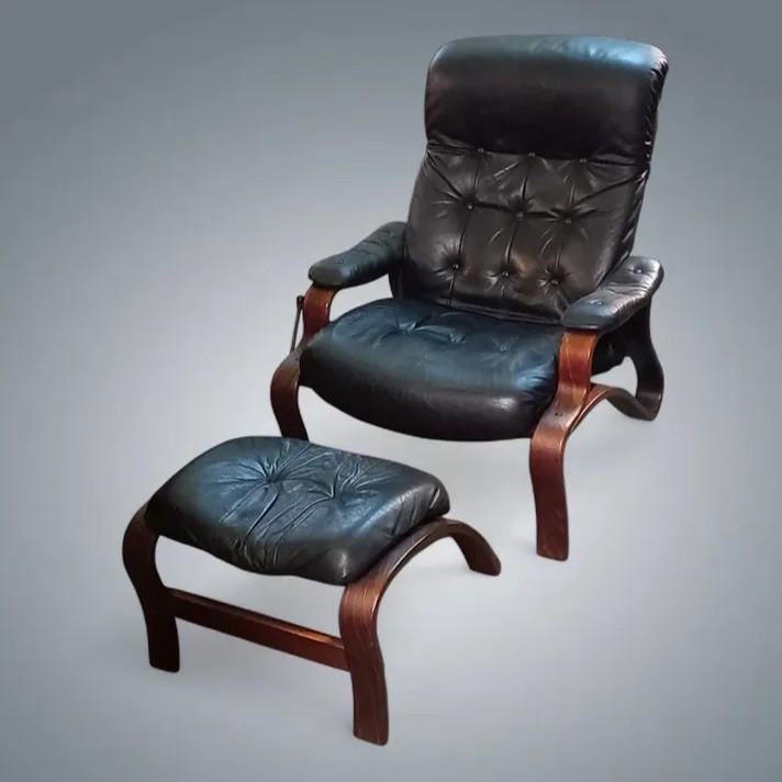 Vintage Ingmar Relling Westnofa fauteuil van leer en hout ui, Ophalen