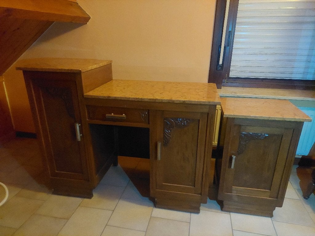 art deco slaapkamer eik + marmer (bed, nachtkast, commode), Enlèvement, Utilisé, Deux personnes, Art deco