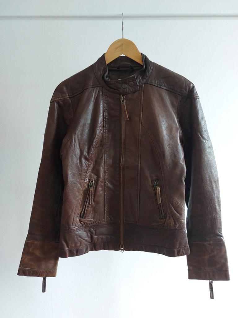 Bruine leren damesjas, Ophalen of Verzenden, Gedragen, Maat 38/40 (M), Bruin