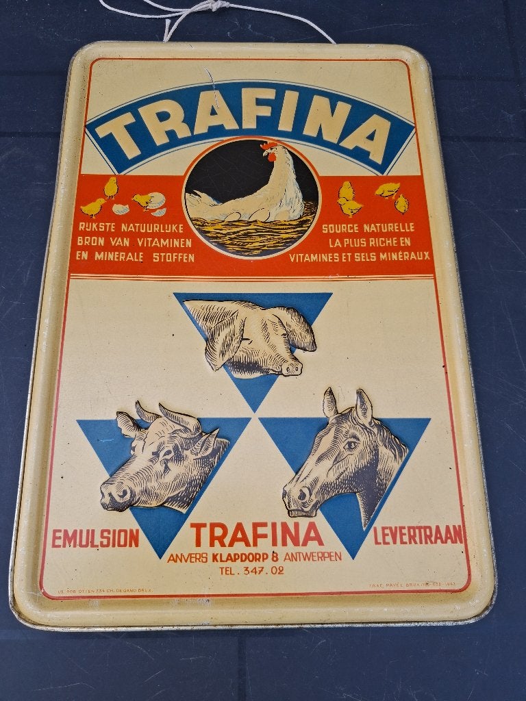 oud reclamebord in blik  TRAFINA  jaar 1947, Verzamelen, Merken en Reclamevoorwerpen, Ophalen of Verzenden, Zo goed als nieuw