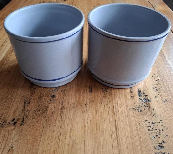 3 Vintage Duitse GDR lichtblauwe bloempotten met bloemen, Tuin en Terras, Gebruikt, -, -, Rond