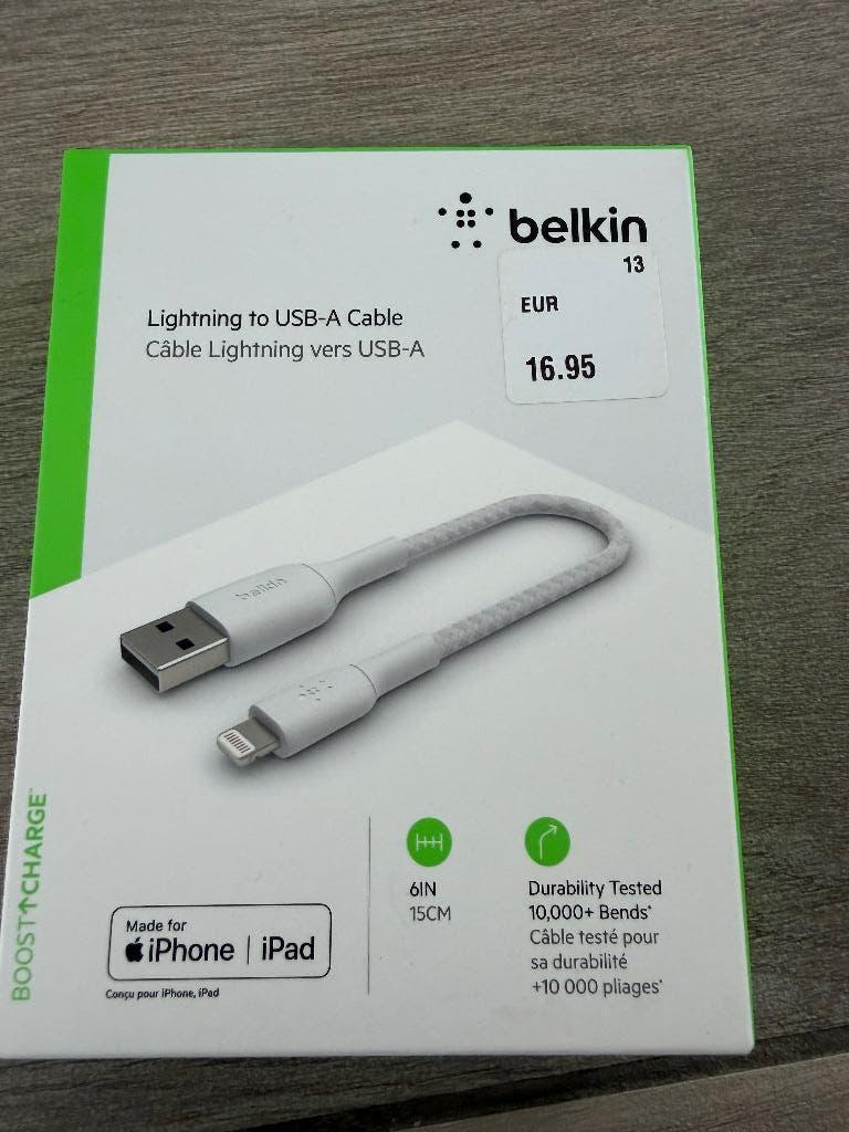 Belkin Boost Charge Lightning naar USB-A Kabel 15cm - NIEUW, Télécoms, Téléphonie mobile | Chargeurs pour téléphone, Enlèvement