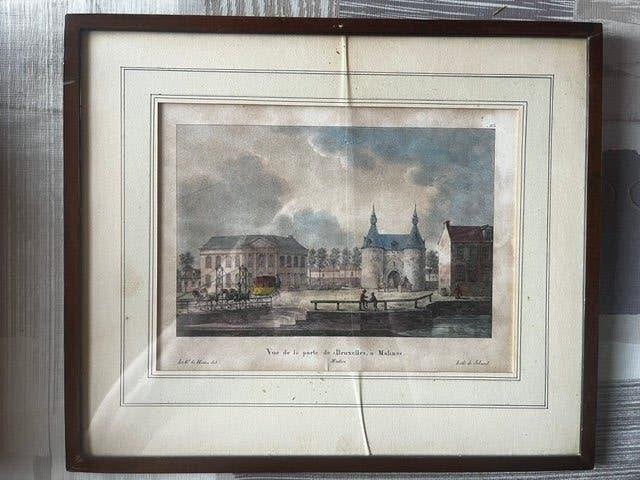 Brusselsepoort Mechelen – Lith. de Jobard – Ingelijst, Antiquités & Art, Art | Lithographies & Sérigraphies, Paysages, Enlèvement