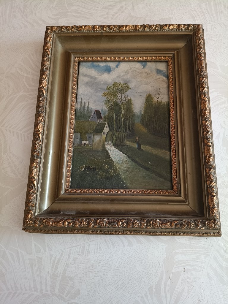 peinture sur verre datant de 1918, Encadré, Paysage, Enlèvement, Peinture sur verre