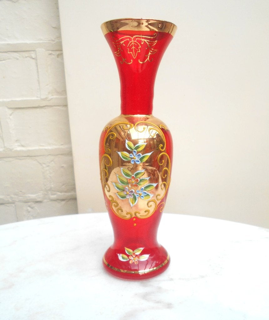 beau vase murano rouge rubi /doré peint main, Ophalen of Verzenden