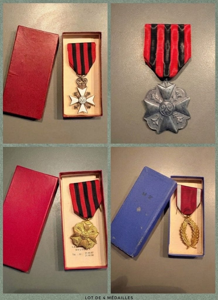 Lot de 4 décorations et médailles belges anciennes, Collections, Envoi, Armée de terre, Ruban, Médaille ou Ailes