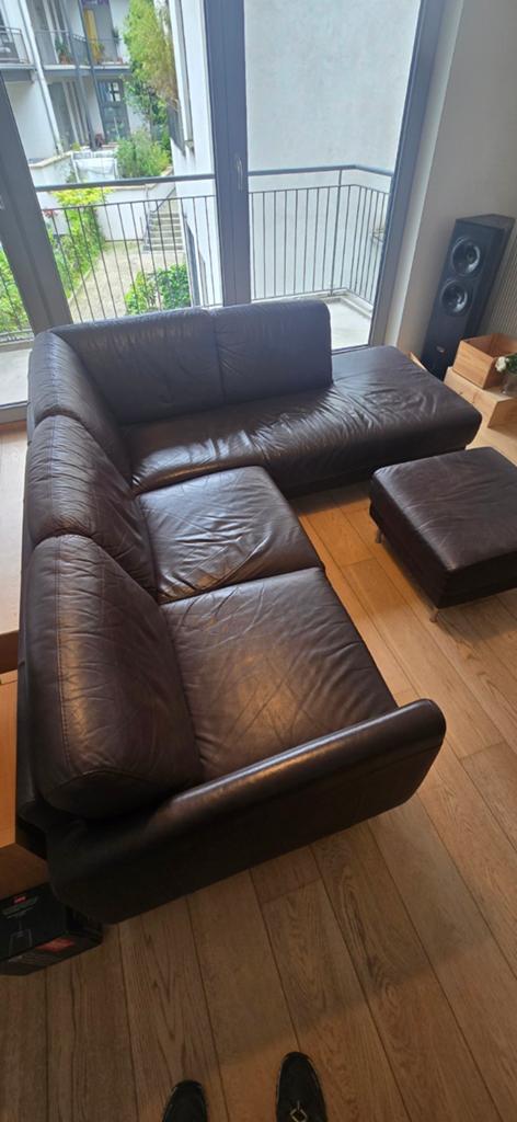 Canapé d'angle avec pouf en cuir, marron foncé, Enlèvement