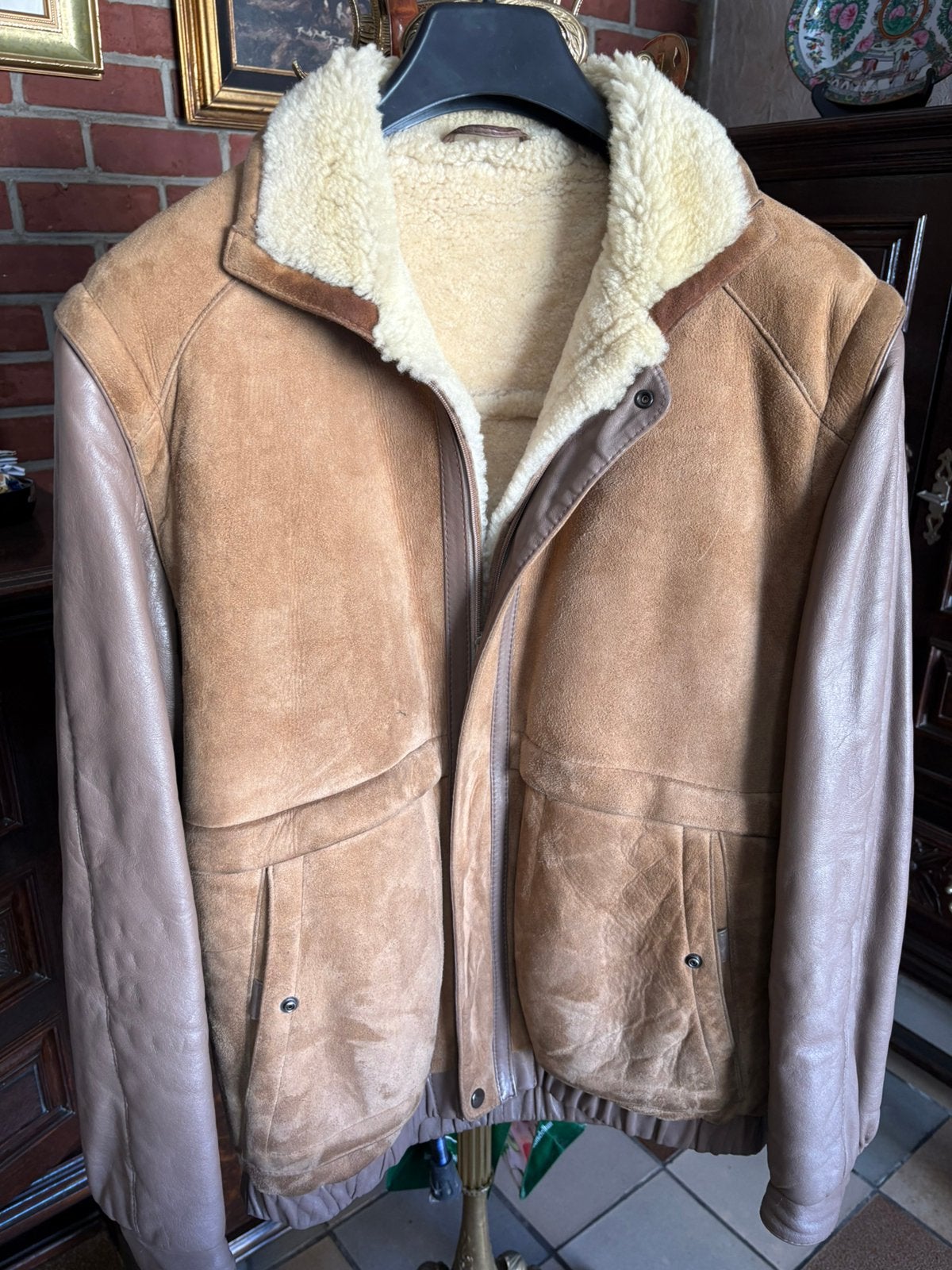 Korte wintervest voor heren daim en leder, Ophalen, Maat 48/50 (M), Beige, Zo goed als nieuw