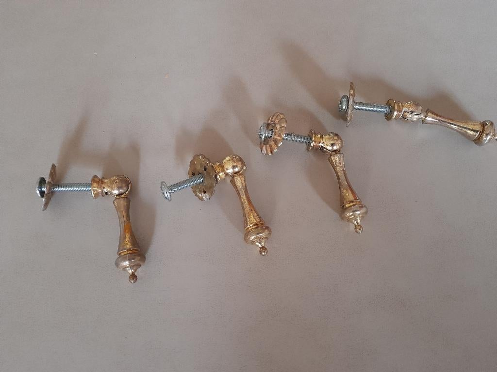 4 Retro deurknoppen met hangend deeltje.Houten en plastiek., Ophalen, Gebruikt
