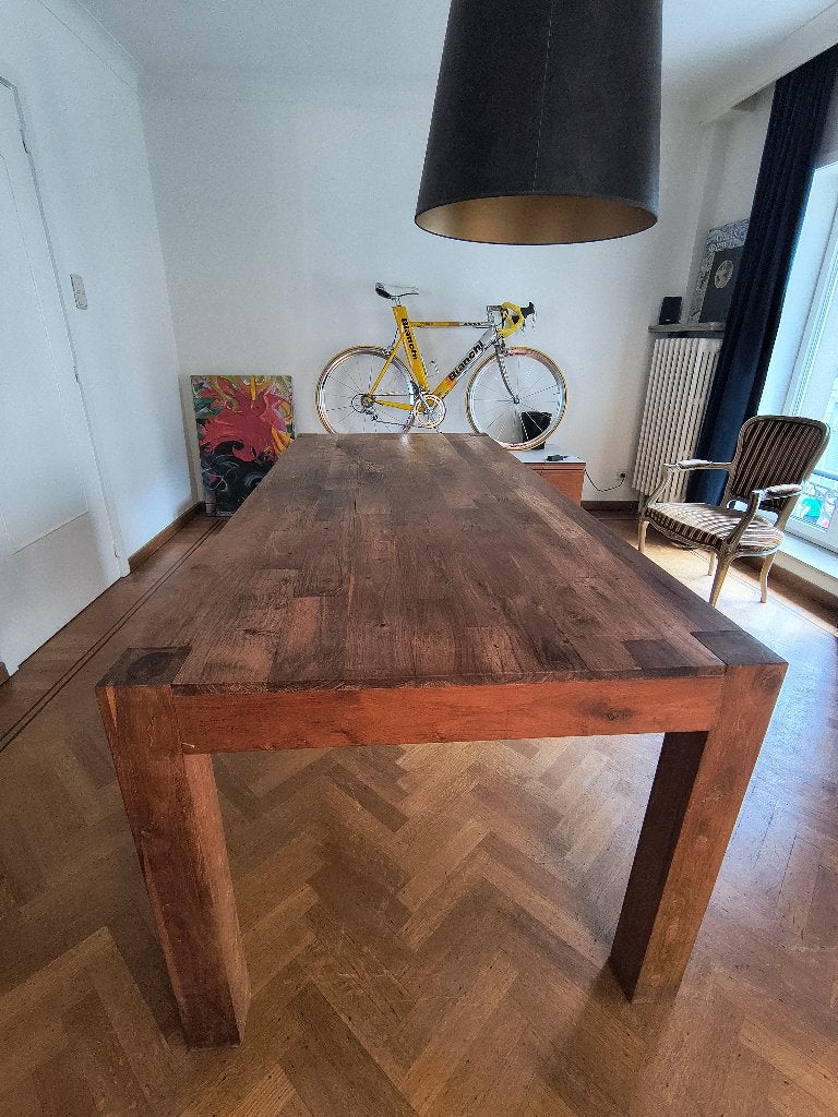 Eettafel vol hout indische teak 200X90cm, Ophalen, Gebruikt, Teakhout, 200 cm of meer