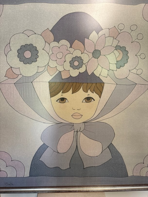 toile de soie encadrée sur le thème « fille », Avec bordure décorative, Comme neuf, 82 cm, 82 cm