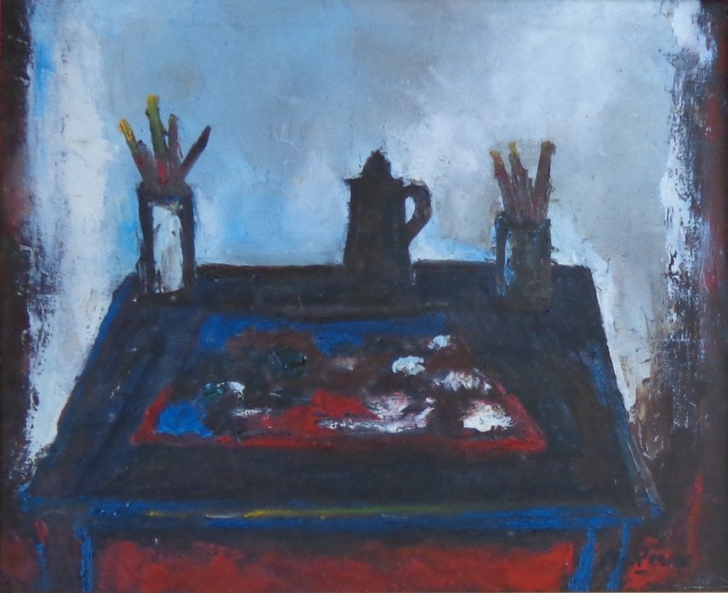 GABY DE PAUW / ATELIERZICHT / OLIEVERF DOEK / 65x75cm KADER, Enlèvement, Signé, Peinture à l'huile