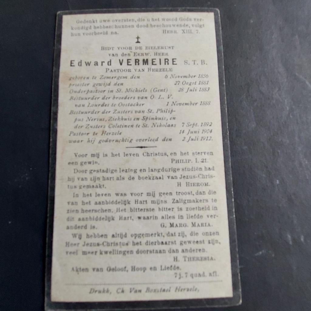 Bidprentje 1912 Zomergem/Herzele, Verzamelen, Ophalen of Verzenden, Bidprentje