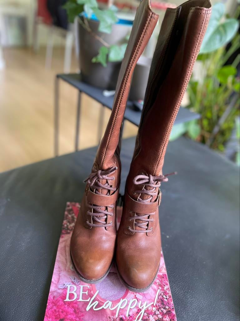 Bruine lange laarzen met lange rits Timberland M38,5, Hoge laarzen, Bruin, Ophalen of Verzenden, Zo goed als nieuw