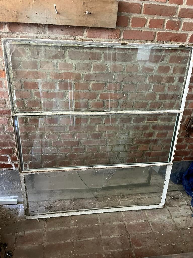 Metalen driedelig raam - enkel glas - 1042 * 1190 mm, Ophalen, Gevelraam of Ruit, Gebruikt, 80 tot 120 cm