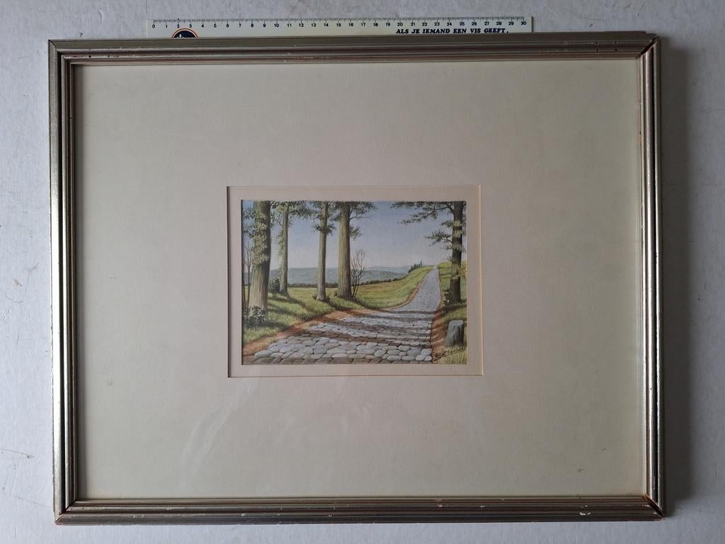 Gouache Bavo Mariman Landschap met hoge bomen en steenweg, Antiek en Kunst, Ophalen of Verzenden
