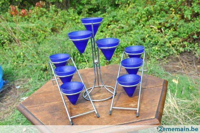 §ensemble de bougeoir métal chromé et verre bleu, Enlèvement ou Envoi, Utilisé