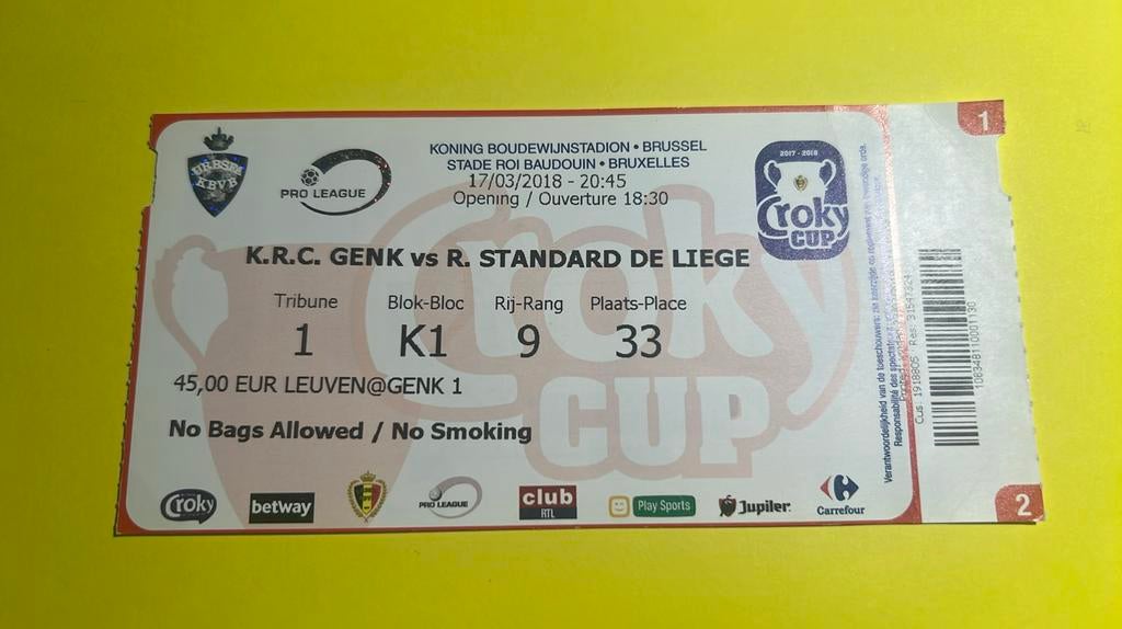 Ticket RC Genk Standard Liège finale coupe de Belgique 2018, Envoi