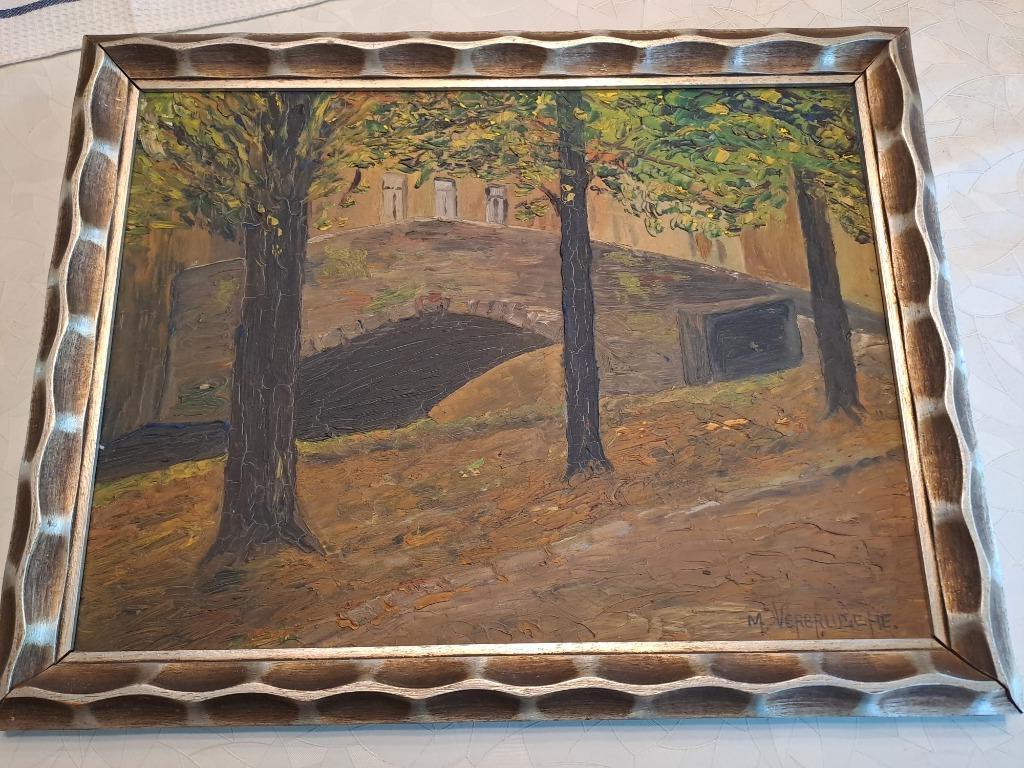 Schilderij M. Verbrugghe zicht Brugge Lijst art nouveau, Ophalen of Verzenden