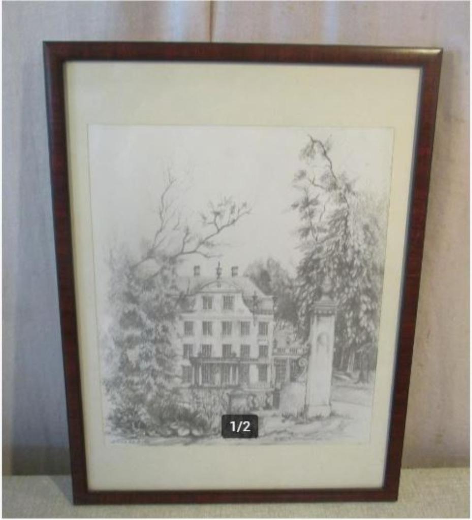 Mooie Oude Tekening 'Kasteel met Tuin' - Dries de Bock, Antiek en Kunst, Ophalen of Verzenden