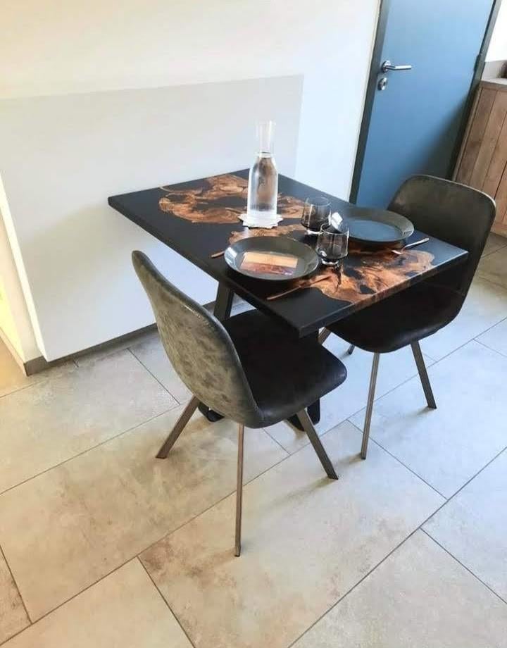 Table à manger époxy avec bois de saule, pieds en métal, Neuf, Quatre personnes, Métal, 50 à 100 cm