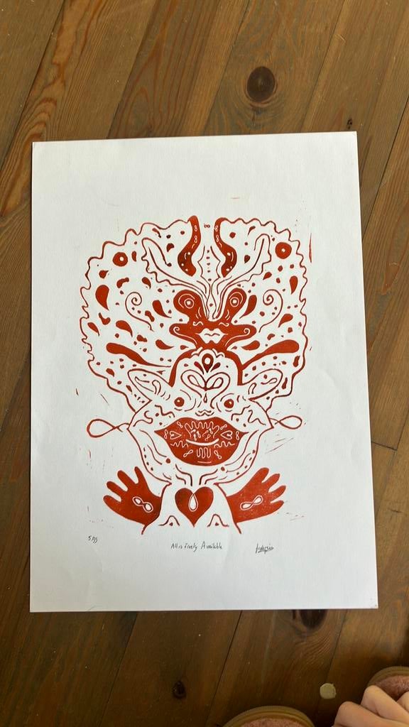 Linosnede hippie, Antiek en Kunst, Ophalen of Verzenden