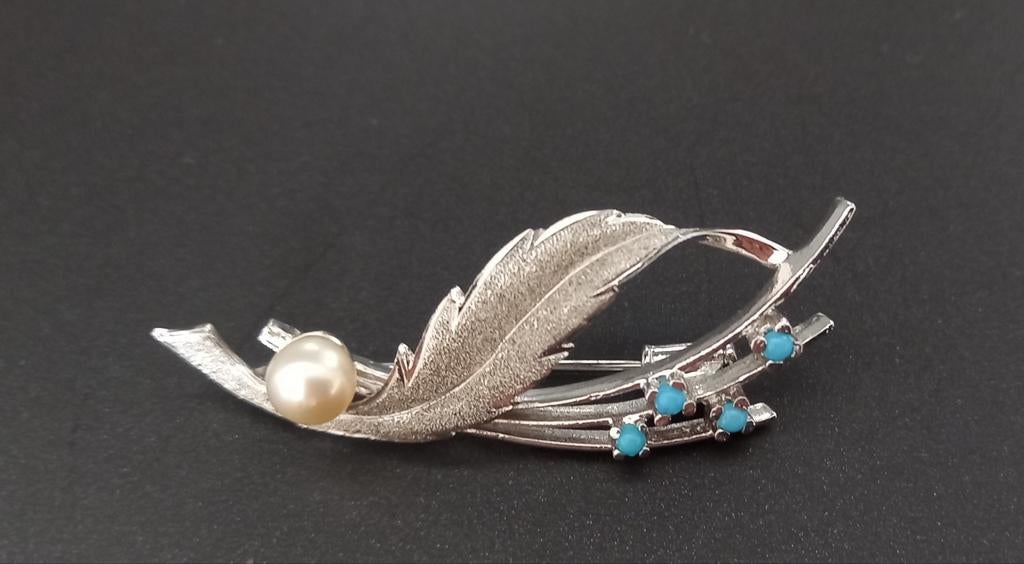 IDÉE CADEAU! Broche vintage en argent rhodié avec perles, Bijoux, Sacs & Beauté, Broches, Enlèvement ou Envoi, Comme neuf, Argent