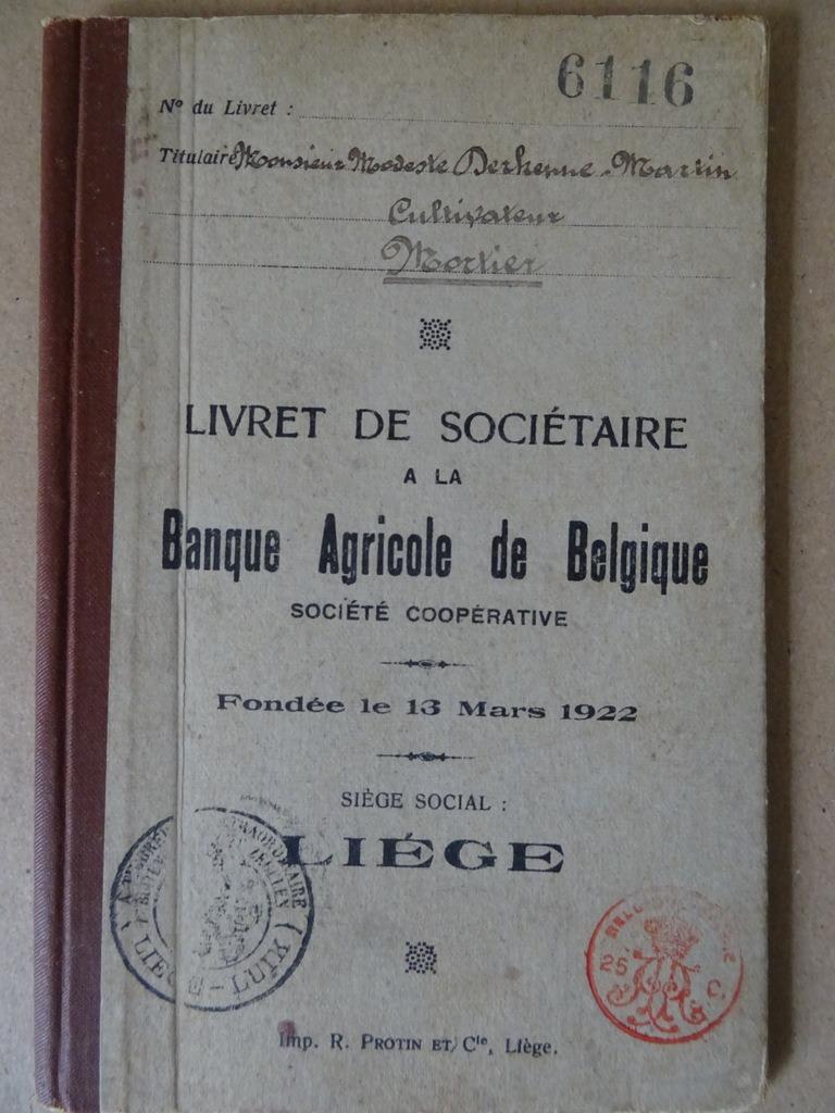 Livret de sociétaire a la Banque Agricole de Belgique 1922, Ophalen of Verzenden
