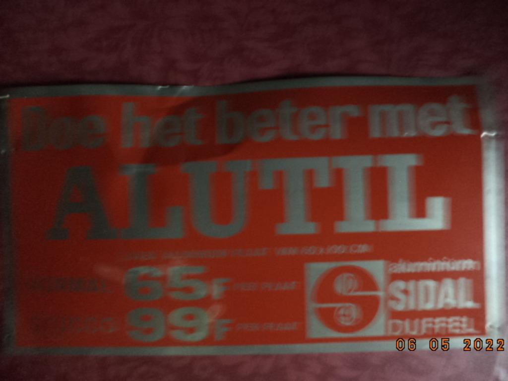 ALUTIL: antiek reclamebord van aluminium. Behoorlijke staat., Ophalen of Verzenden, Gebruikt, Reclamebord