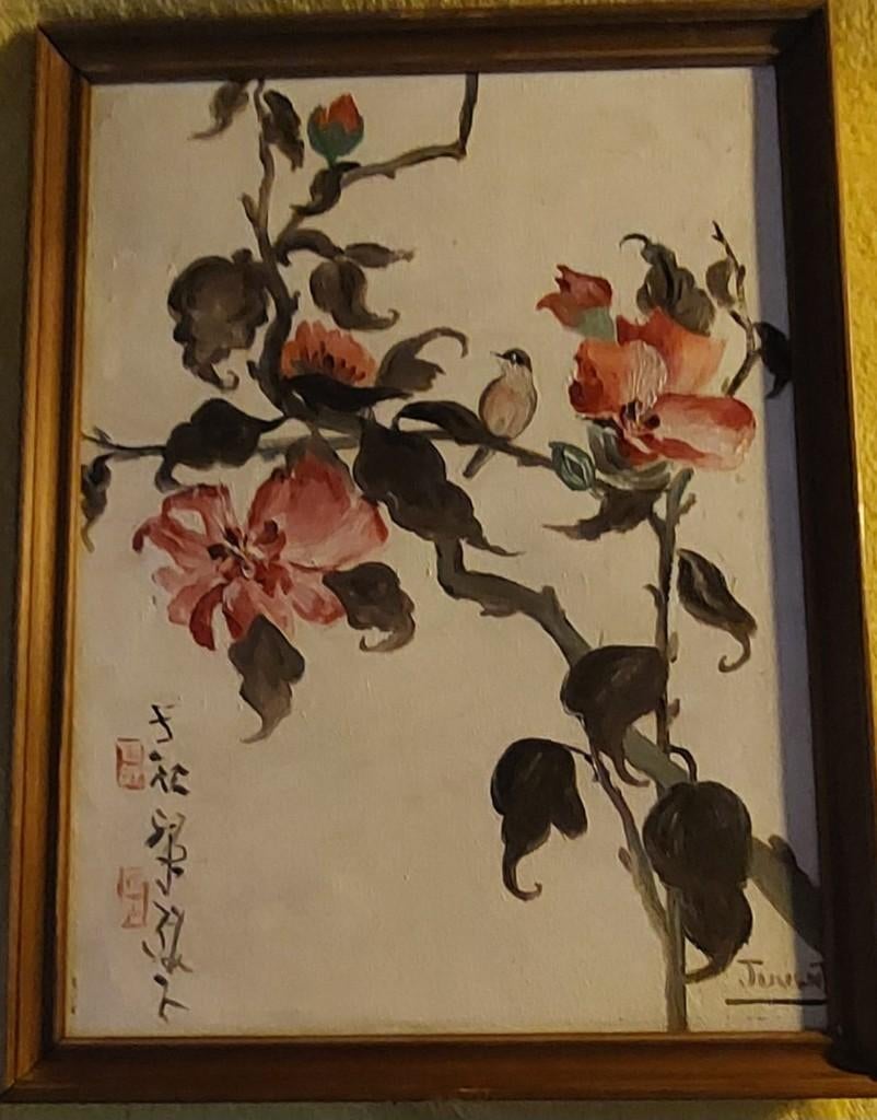 Olieverfschilderijtje op paneel  van Japanse vogels, Antiek en Kunst, Ophalen