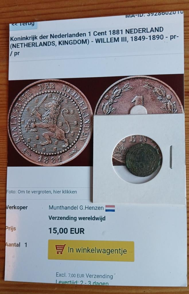 Nederlandse 1 cent uit 1881., Envoi, 1 centime