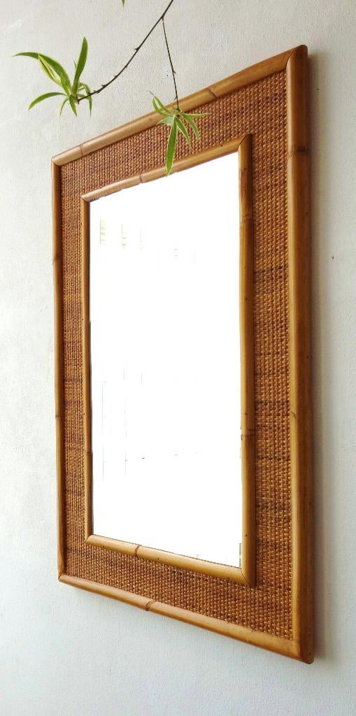 Vintage Dal Vera XL rotan spiegel bamboe wandspiegel 70s, Enlèvement ou Envoi, Moins de 100 cm, Utilisé, 50 à 75 cm