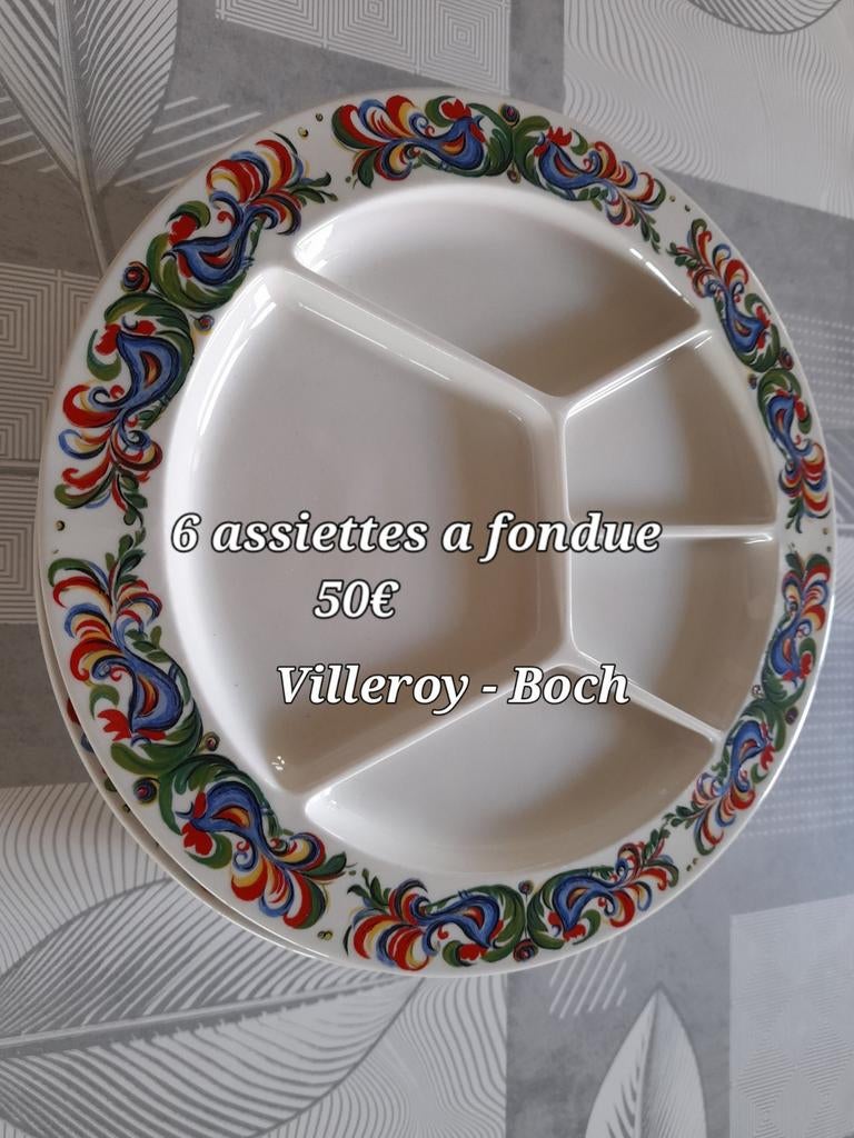 A vendre:

1plat à tarte 5€

6 assiettes à fondue
Willeroy &, Enlèvement, Comme neuf
